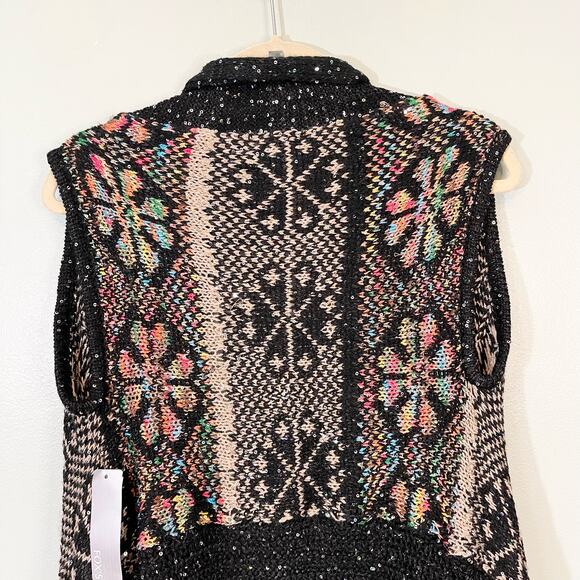 ADORE Cardigan Womens S Black Floral Sequins Open Front Sleeveless Sweater NWT - Picture 4 of 11